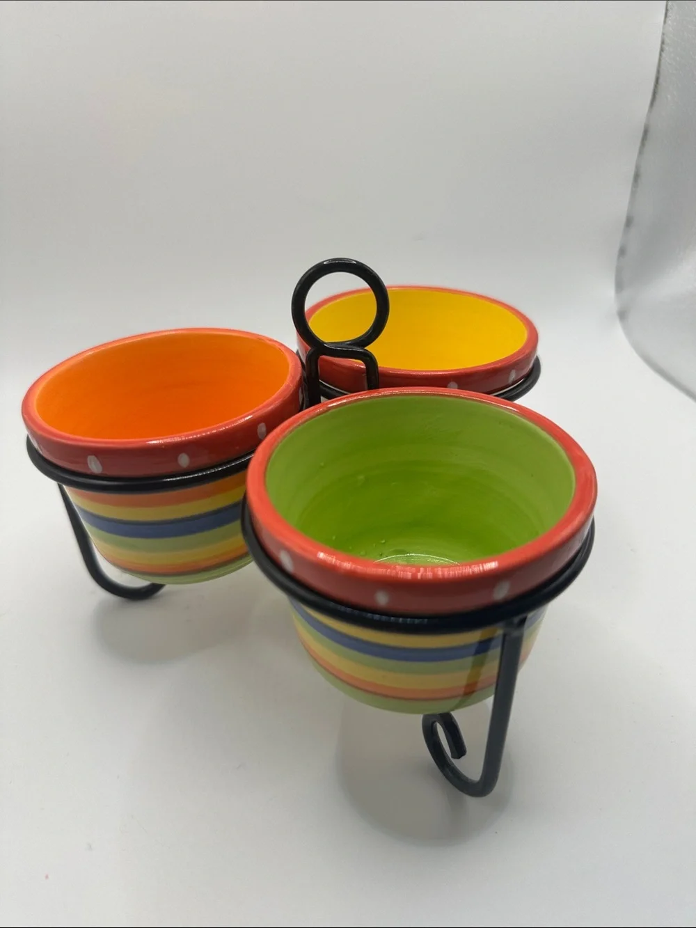 Vintage Ceramic Triple Dip Server Set in Multicolor Stripe